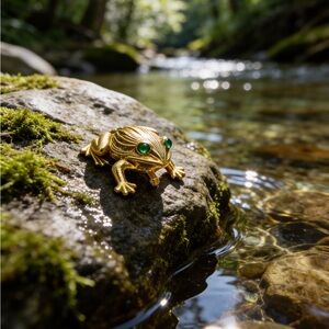 Gold Frog Brooch with Green Eyes